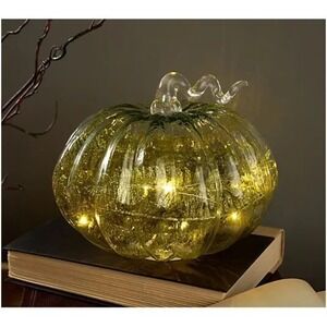 Barbara King Green Olive Glass Pumpkin with Illuminated Glittered Fern‎